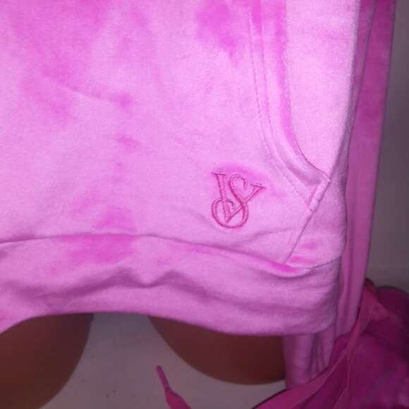 Victoria Secret Jogger Set Crop Top Sweater & Pants Velour Pink Pockets Solid Zi - Picture 6 of 14